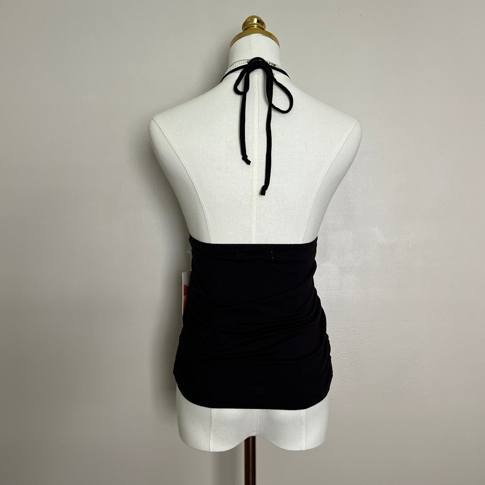 Heart & Moon Black Halter Top Beaded Strap Ruched Surplice V-Neck TJ1262‎ Large - Picture 2 of 7